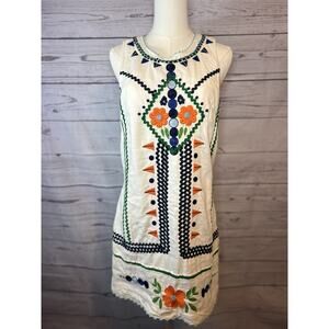 Anthropologie Linen Shift Dress Size 4 Embroidered Geometric Floral Sleeveless